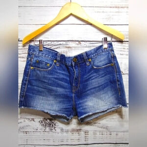 J. Crew‎ Medium Blue Denim Midrise Distressed Faded Shorts with Raw Edge size 28